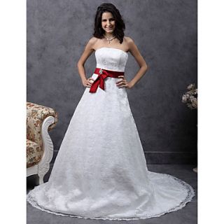A line Sweetheart Court Train Lace Satin Belt Wedding Dress