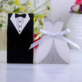 Tuxedo And Gown Favor Box With White Ribbon (Set of 12)