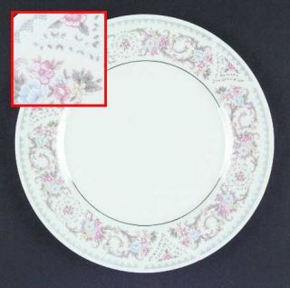 Silverie Siv8 Dinner Plate, Fine China Dinnerware   Pastel Flowers, Gray Band, S