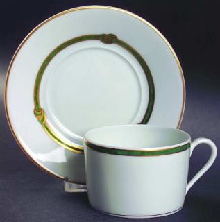 Christofle Ruban Vert Flat Cup & Saucer Set, Fine China Dinnerware   Green Bands