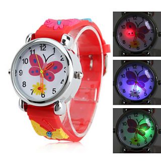 Childrens Butterfly Style Silicone Analog Quartz Wrist Watch with Flashing LED Light (Red)