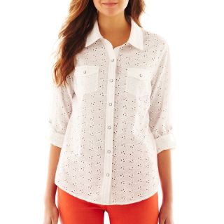 ARIZONA Long Sleeve Eyelet Shirt, White