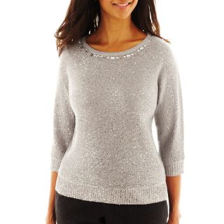 Alfred Dunner Dover Cliffs Textured Sequin Sweater with Tank Top   Petite, Grey,