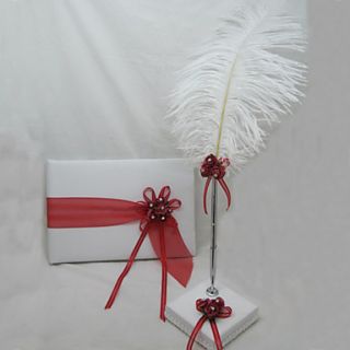 Guest Book and Pen Set With Red Ribbon Flower