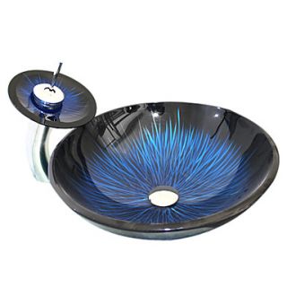 VT4211 Tempered Glass Vessel Round Sink With Waterfall Faucet and Mounting Ring