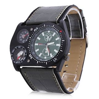Mens Military Style Thermometer Compass Function Black PU Band Quartz Wrist Watch
