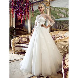 A line Princess Bateau Sweep/Brush Train Tulle Wedding Dress (466946)