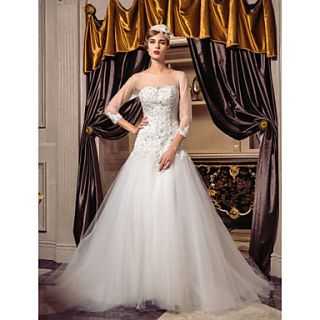 A line Princess Scoop Sweep/Brush Train Tulle Wedding Dress (466972)
