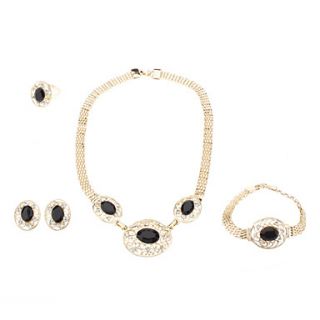 Gold Plated Romantic Classic black onyx Necklace Earring Ring and Bracelet Jewelry Set