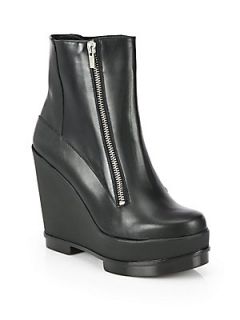 Robert Clergerie Leather Zipper Wedge Ankle Boots   Black