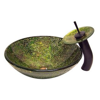 Seaweed Art Style Tempered Glass Vessel Sink with Waterfall Faucet, Mounting Ring and Water Drain