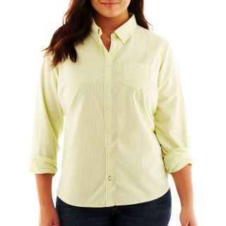 Print Button Front Long Sleeve Shirt   Plus, Wild Lime Stripe