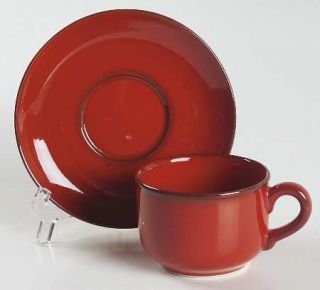 Villeroy & Boch Cordoba/Cordova (Red W/Brown Trm) Flat Cup & Saucer Set, Fine Ch