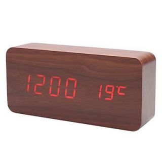 Brown Wooden Design Red Light Decorative Desktop Alarm Clock Thermometer (USB/4xAAA)