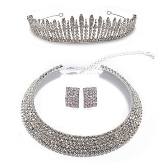 Gorgeous Alloy With Clear Rhinestones Silver Jewelry Set Including Necklace, Earrings And Tiara