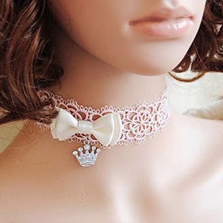 Womens Gothic Pink Lace White Bow Neckalce with Silver Crown Pendant