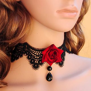 Womens Gothic Vampire Look Black Lace Red Rose Necklace with Black Bijou Pendant