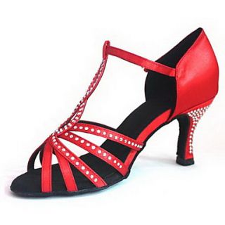 Customized Womens T Strap Satin Upper Latin / Ballroom Dance Shoes With Rhinestone (More Colors)