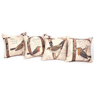 Set of 4 Birds Love Cotton/Linen Decorative Pillow Cover