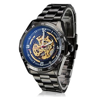 Mens Auto Mechanical Hollow Gold Dial Black Steel Band Analog Wrist Watch