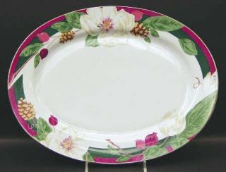 Tienshan Magnolia 14 Oval Serving Platter, Fine China Dinnerware   Red & Green
