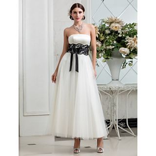 A line Strapless Tea length Tulle Satin Wedding Dress (635870)