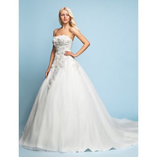 A line/Princess Strapless Court Train Lace Wedding Dress