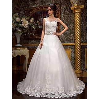 Free Custom measurements A line Princess Jewel Court Train Tulle Wedding Dress (612395)