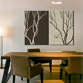 Modern Style Tree Branch Floral Wall Clock in Canvas 2pcs