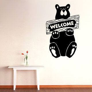 Bear With Welcome Sign Vinyl Wall Decal (Glossy blackEasy to applyDimensions 25 inches wide x 35 inches long )
