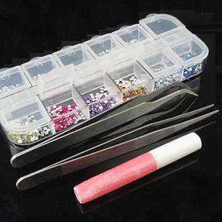 12 Color Nail Art Acrylic Rhinestones Decoration with 2 Nippers Glue(Random Color)