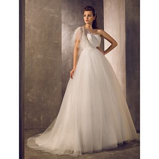 Free Custom measurements A line Ball Gown One Shoulder Sweep/Brush Train Tulle Wedding Dress (722155)