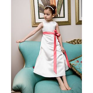 A line Princess Jewel Tea length Satin Flower Girl Dress (733987)