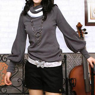 Womens Contrast Color High Roll Collar Puff Sleeve T shirts