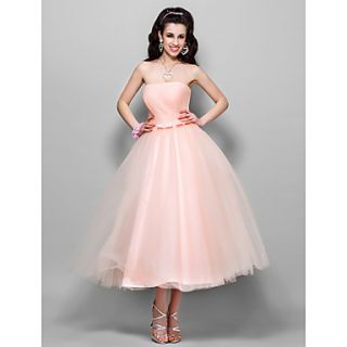 A line Princess Strapless Tea length Tulle Evening/Prom Dress