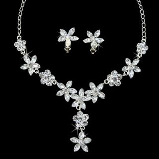 Pretty Alloy Silver Plated With Rhinestone Flower Wedding Bridal Necklace Earrings Jewelry Set