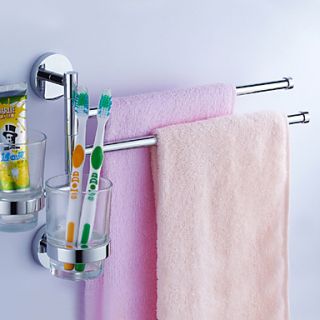Contemporary Brass Multifunctional Bathroom Towel Rack with Double Toothbrush Cups