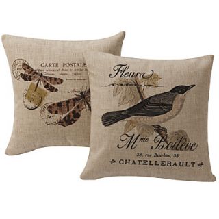 Set of 2 Country Bird and Dragonfly Animal Cotton/Linen Decorative Pillow Cover