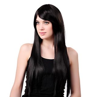 Capless Long Synthetic Black Straight Hair Wig Side Bang