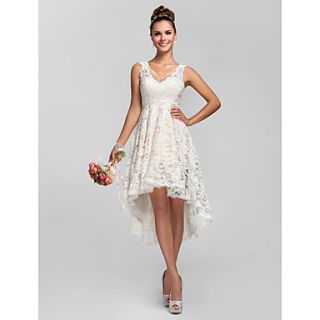 A line/Princess V neck Asymmetrical Lace Bridesmaid Dress