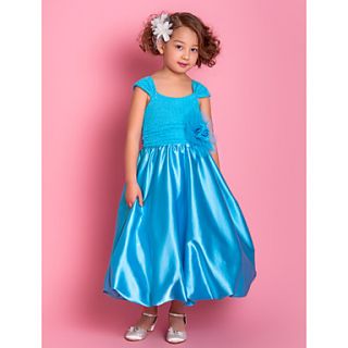A line Square Tea length Stretch Satin And Lace Flower Girl Dress (733949)
