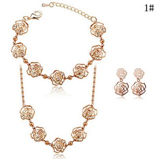 Lureme Rose Charm Necklace Earrings Bracelet Jewelry Set (Golden)