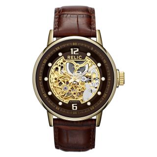 RELIC Mens Gold Tone Automatic Skeleton Leather Strap Watch