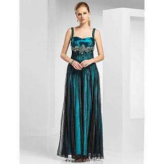 A line/Princess Straps Floor length Stripes Tulle And Satin Evening Dresses with Flowers Beading