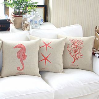 Set of 4 Sea Life Red Cotton/Linen Decorative Pillow Cover Set