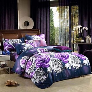 4 Piece Burshed Fabric Purple Printed 3D Effect Duvet Cover Set