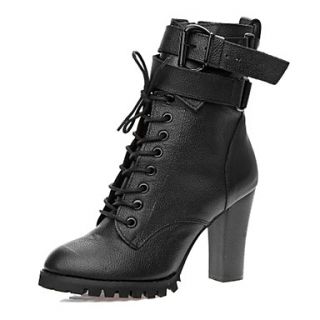 Leather Chunky Heel Combat Ankle Boots With Lace up And Zipper