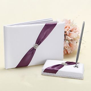 Wedding Guest Book and Pen Set in White and Purple Accent