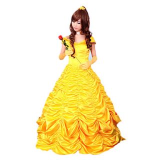 Beauty and the Beast Belle Princess Yellow Satin Evening Gown Dress Womens Halloween Costume