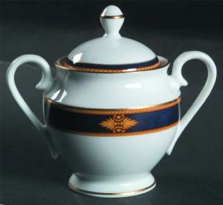 Wedgwood Foxworth Sugar Bowl & Lid, Fine China Dinnerware   Dark Blue Band, Gold